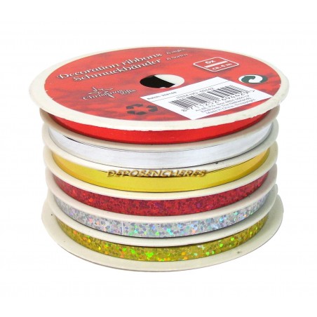 Assortiment 6 rubans paquets cadeaux bolduc 6x4m or-argent-rouge