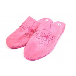 Pantoufles chaussons mules femme rose vif fleurs